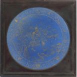 Chinese porcelain powder blue panel, gilt decorated with a river landscape, framed, the panel 46cm