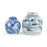 Two Chinese jars and covers, including a blue and white porcelain example hand painted with prunus