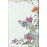 Chinese rectangular porcelain plaque, finely hand painted in the famille rose palette with two