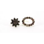 9ct gold garnet brooch and a Victorian unmarked gold garnet flower head ring, size K, 7.8g :For