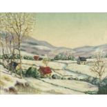 Attributed to Morris Hall Pancoast - Snowy landscape, oil on board, mounted and framed, 44cm x