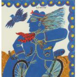 Abstract composition, man riding a bicycle with bird, surrealist school gouache, bearing a