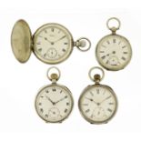 Three silver open face pocket watches and a Waltham full hunter, the largest 5.2cm in diameter :
