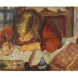 After Vanessa Bell - Young girl writing, oil on wood panel, unframed 42cm x 34.5cm :For Further