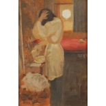 Female in a room, oil on board bearing an indistinct signature Paul Maga? mounted and framed, 29.5cm