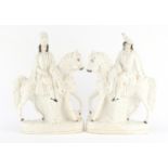 Pair of Victorian Staffordshire flat back figures of figures on horsebacks, the largest 38cm high :