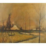 Lake before a cottage, oil on canvas, bearing an indistinct signature Claeys, 73.5cm x 64cm :For