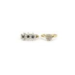 9ct gold diamond cluster ring, size K and a 9ct gold black and clear stone triple flower head