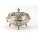 Tiffany & Co silver muffin dish and cover, with three ram head legs and embossed with stylised