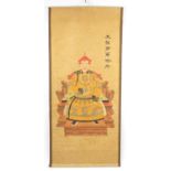 Chinese hand painted wall hanging scroll depicting a Chinese offical, with character marks, 212cm