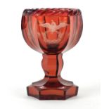 Good quality 19th century bohemian faceted ruby cut table goblet, etched with eagle, floral garlands