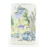 Chinese porcelain square brush pot with canted corners, decorated with a river landscape,