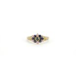9ct gold sapphire and pink stone flower head ring, size S, 3.3g :For Further Condition Reports