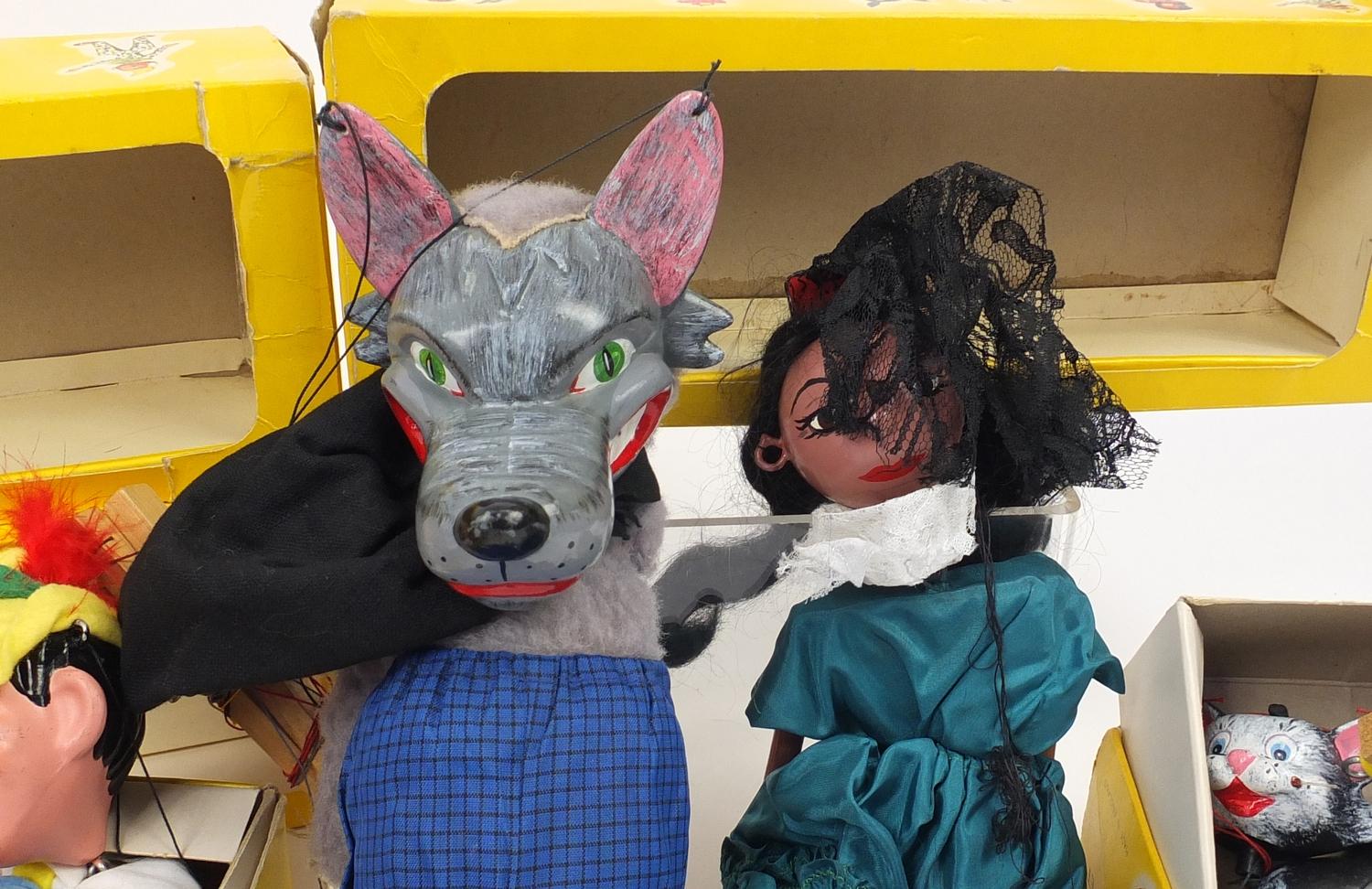 Ten vintage Pelham puppets, eight with boxes including Big Bad Wolf, frog and Pinocchio :For Further - Image 7 of 9