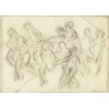 Feige, figures running away, pencil on paper, bearing a monogram WL and inscription verso, framed,