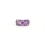 9ct gold diamond, amethyst and pink stone ring, size U, 3.9g :For Further Condition Reports Please