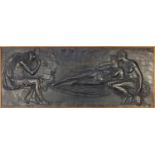 Rectangular classic bronzed plaque of two lovers with a harpist, framed, 92.5cm x 37cm :For