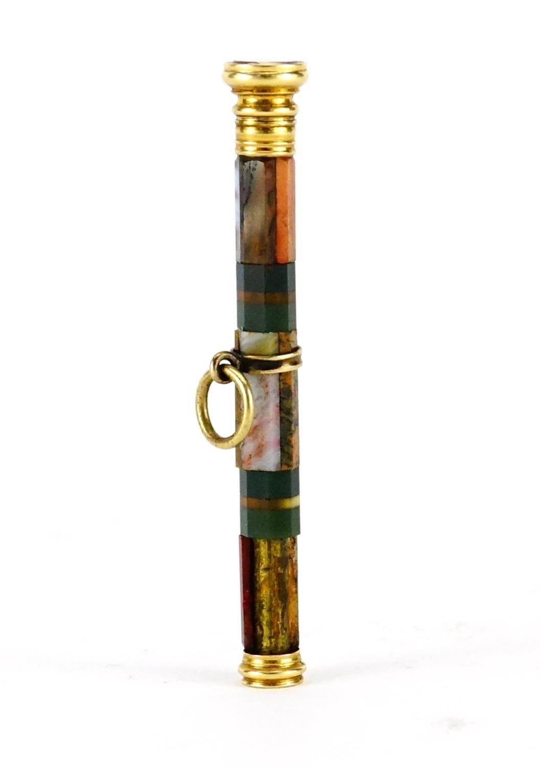 19th century unmarked gold and agate propelling pencil, 6.5cm in length when closed :For Further