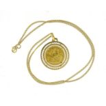 Edward VII 1902 gold sovereign with 9ct gold pendant mount, on an 18ct gold necklace, 52cm in