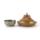Tombak rice bowl and cover together with a Persian silver coloured metal bowl embossed with flowers,