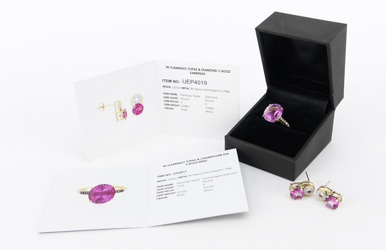 9ct gold flamingo topaz and diamond ring and earrings, with certificates, the ring size M, 6.0g :For - Image 6 of 6
