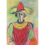 After Pablo Picasso - Figure in a theatrical costume, mixed media on paper, inscribed Pour