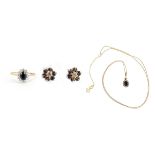 9ct gold jewellery suite set with diamonds and black and clear sapphires, 4.2g :For Further