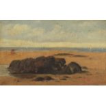 After Sir John Lavery - Beach scene with sailing boats, oil on board, inscribed verso, framed, 26.