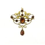 Art Nouveau unmarked gold garnet and seed pearl pendant brooch, 5cm in length, 6.6g :For Further