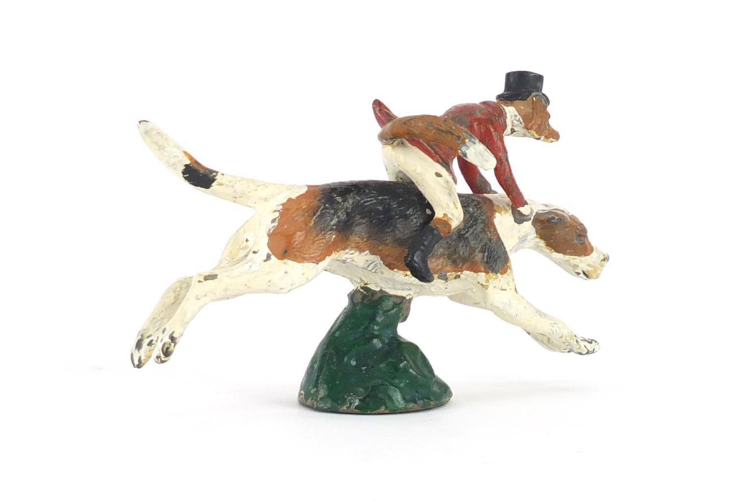 Louis Lejeune cold painted car mascot in the form of huntsman fox on a hound, impressed marks to the - Image 2 of 4