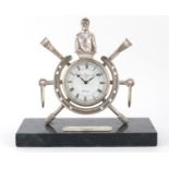 Silver horse riding trophy clock, raised on a green marble base with presentation plaque egraved