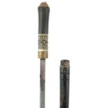Indian ebonised sword stick with horn handle, carved bone section and steel blade, 90cm in length :