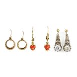 Three pairs of gold earrings including a pair of coral love heart examples, 5.8g :For Further