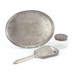 Art Deco oval silver tray, hand mirror and powder pot, the tray hallmarks Birmingham 1930, 29cm