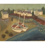 After Julian Trevelyan - Village by the sea, oil on canvas, unframed, 77cm x 63cm :For Further