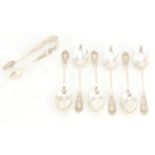 Set of six silver teaspoons and sugar tongs by William Aitken, Chester 1901, 10.5cm in length, 76.5g