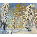 Snowy winter landscape, Canadian school oil on board, bearing a monogram AYJ and inscriptions verso,