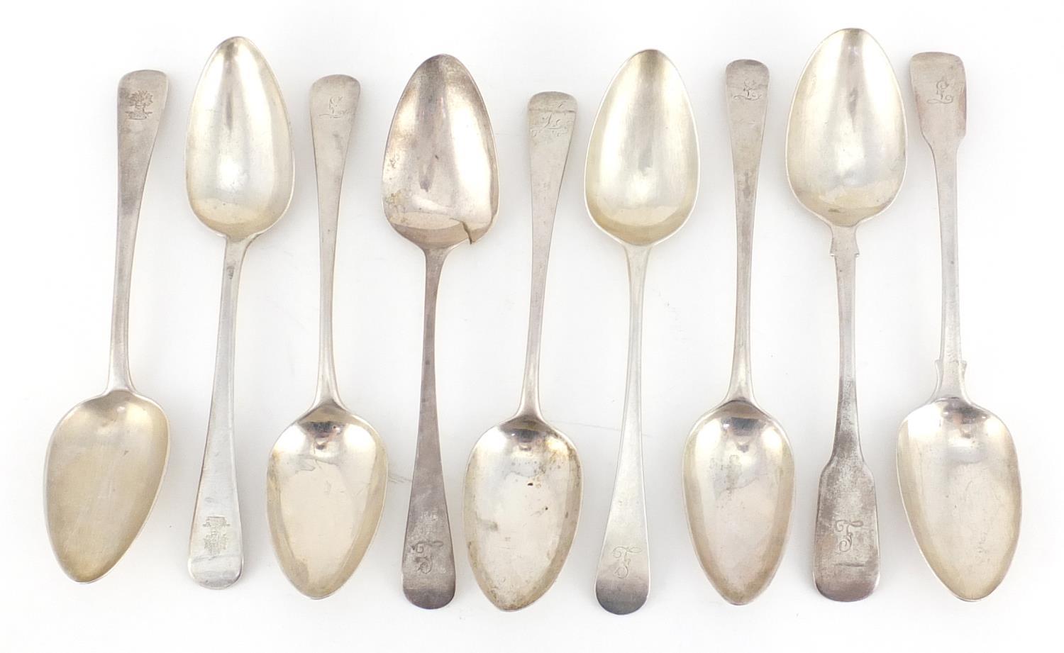 Nine Georgian silver tablespoons, various hallmarks, the largest 23cm in length, 564.5g :For Further - Image 2 of 7