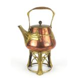 Art Nouveau Jugenstil copper and brass teapot on stand, probably by Carl Deffner, 34cm high