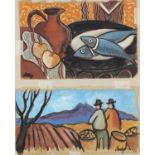 Farmers and still life, two Irish school gouaches on paper, each bearing a signature Markey, mounted