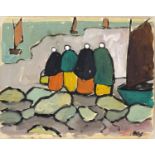 Figures before a harbour, Irish school gouache on paper, bearing a signature Markey, mounted