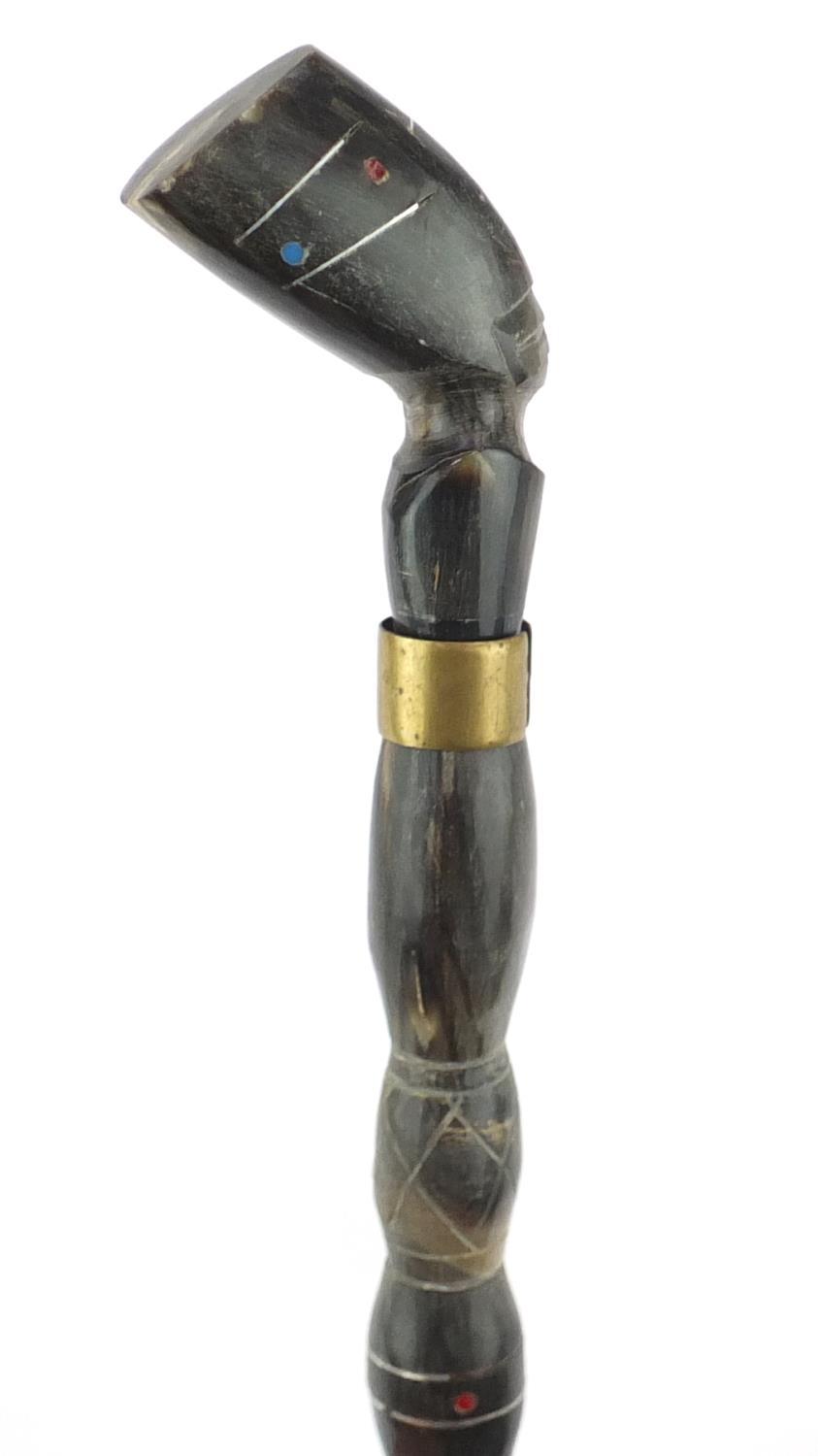 Segmented horn walking stick with figural pommel, 94cm in length :For Further Condition Reports - Image 3 of 4