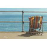 Andy Wood - Deckchair, signed acrylic, inscribed At the Mall galleries label verso, mounted and