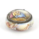 Antique continental enamel box, the hinged lid hand painted with lovers and putti, 5.5cm in diameter