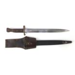 British Military interest bayonet with scabbard and leather frog, the bayonet impressed S4SWB,