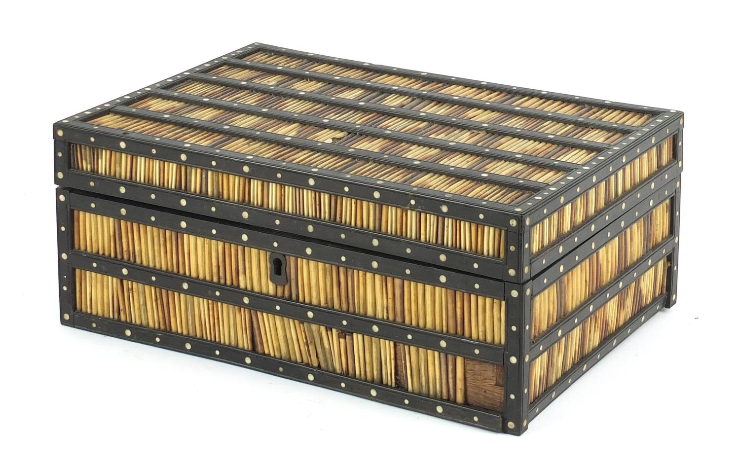 Anglo Indian ebony and porcupine quill workbox with fitted lift out interior, 12cm H x 28.5cm W x