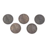 Five Victoria Bun Head farthings comprising dates 1860, 1861, 1862, 1864 and 1865 :For Further