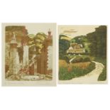 Simon Palmer - Footpath through fields and one other, two limited edition etchings in colour, 12/