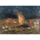 People gathered around a bonfire, 20th century Russian school oil on board, bearing inscriptions and