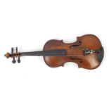 Old wooden violin with one piece back, bow and protective case, the violin bearing a paper label